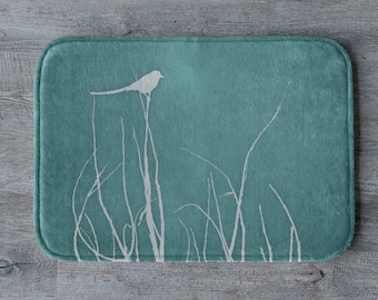 Bird Bath Mat, Tree Branch Bath Mat, Teal Bird Bath Mat, Bath Rug, Nature Bathroom, Memory Foam Fleece Top, Tree Branches Decor