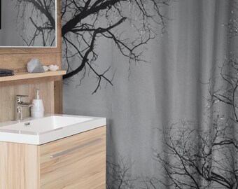 Tree Shower Curtain, Tree Branches Bathroom, Nature Shower Curtain, Forest Bath Curtain, Black White and Gray, Washable Fabric Bath Curtain