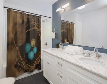 Fabric Shower Curtain - Bird Nest Bird Eggs Blue Eggs Sepia - Decorative Shower Curtain - 71x74 inches