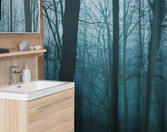 Tree Shower Curtain, Teal Bathroom, Forest Bath Curtain, Tree Trunk Bathroom Decor, Black Accent, Fabric Shower Curtain, Nature Bathroom