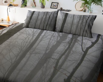Tree Duvet Cover, Foggy Forest Bedroom, Nature Bedding, Black Gray Tree Bedding, Queen Duvet Cover, Twin Comforter Cover