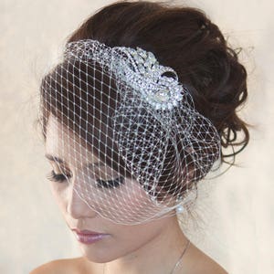 Wedding Birdcage Veil with Crystal rhinestone brooch VI01 Comb or Headband. .