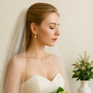 Elbow Length Pearl Wedding Veil | Tulle Veil with Comb | White, Ivory, or Champagne | Shoulder, Fingertip, or Floor Length