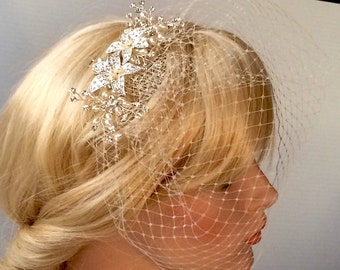 Wedding Birdcage Veil floral rhinestone and pearl hair comb