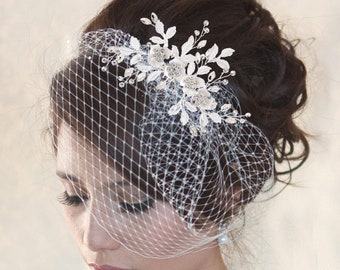 Birdcage Veil with Crystal Wire Wrapped Hair Comb Silver /Gold / Rose gold  French netting Bridal Veil Russian netting Wedding