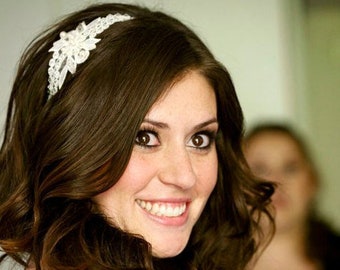 Bridal Headband - Swarovski Crystal  Pearl Lace Headband Bridal Fascinator Wedding