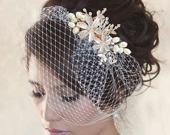 Wedding Birdcage Veil with Crystal and Pearl in Gold / Rose Gold /Silver Comb V103. French netting Russian netting