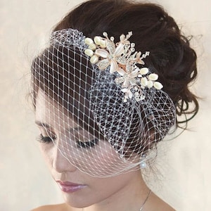 Wedding Birdcage Veil with Crystal and Pearl in Gold / Rose Gold /Silver Comb V103. French netting Russian netting