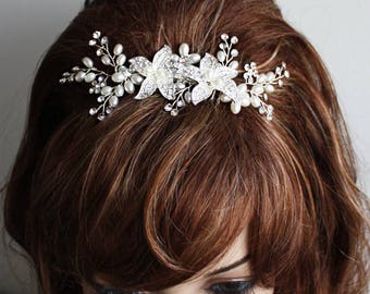 Blooming Vine Silver comb with crystal and pearls in silver