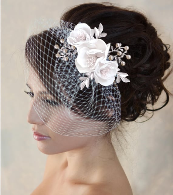 Birdcage veil headband ivory floral adorned band w/ attached open- mesh Headband face veil with pearls - Pearl adorned birdcage  main image 2