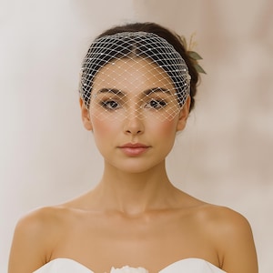 May include: A woman is seen wearing a delicate, diamond-patterned bridal veil with sparkling details. The veil covers the top half of her face. She has dark hair and is wearing a white strapless dress. A small green sprig is in her hair.