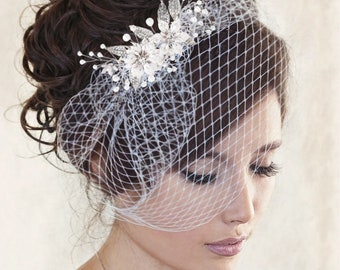 Pearl & Crystal Birdcage Veil: Floral Hair Clip, Silver or Rose Gold