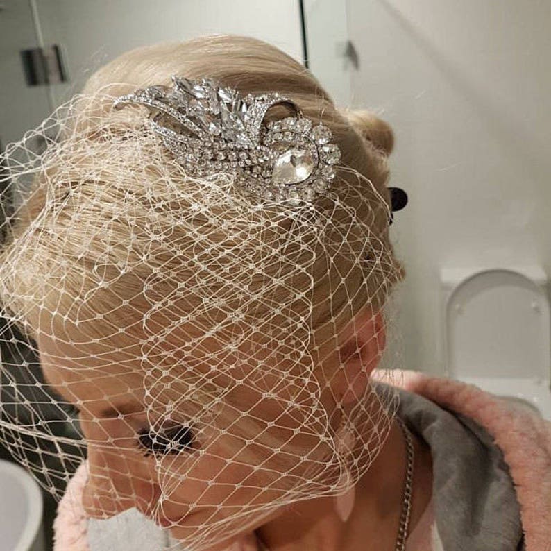 Wedding Birdcage Veil with Crystal rhinestone brooch VI01 Comb or Headband. Ready to ship. image 3