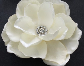 Ivory Gardenia Hair flower clip wedding headPiece rhinestone center hair comb