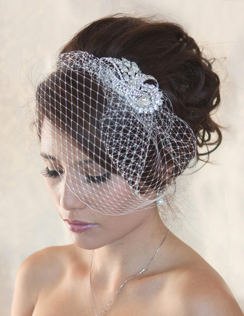 Wedding Birdcage Veil with Crystal rhinestone brooch VI01 Comb or Headband. Ready to ship. image 1