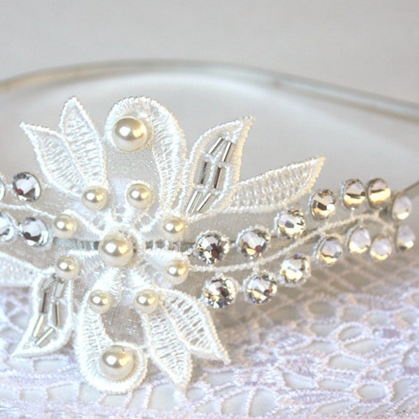 Bandeau de mariée en dentelle avec strass en cristal Swarovski et perles en ivoire ou blanc, réception de mariage mariée