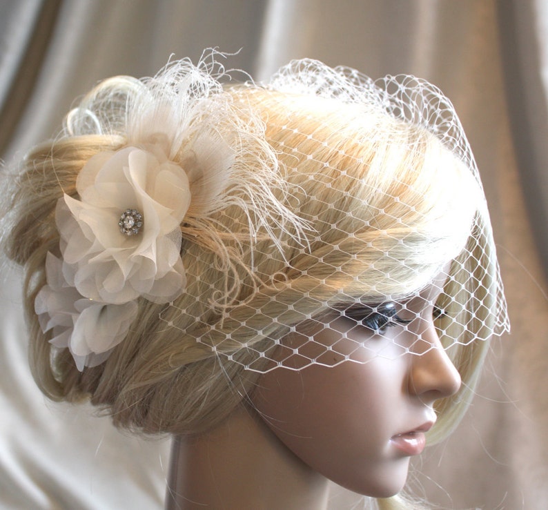 Handmade Ivory Silk organza flowers hair clip and birdcage veil vail 2 items wedding reception bridal party. Wedding birdcage veil. image 2