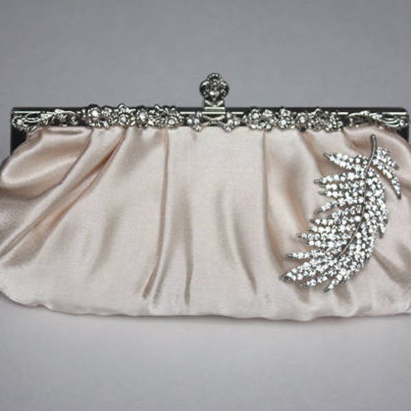 Bridal clutch with Crystal feather brooch - champagne satin