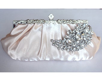Bridal Clutch - champagne satin with Swarovski Crystal feather brooch - made to order