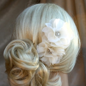 Silk organza flowers hair clip for wedding reception bridal party  wedding hair piece - 2 ivory peonies