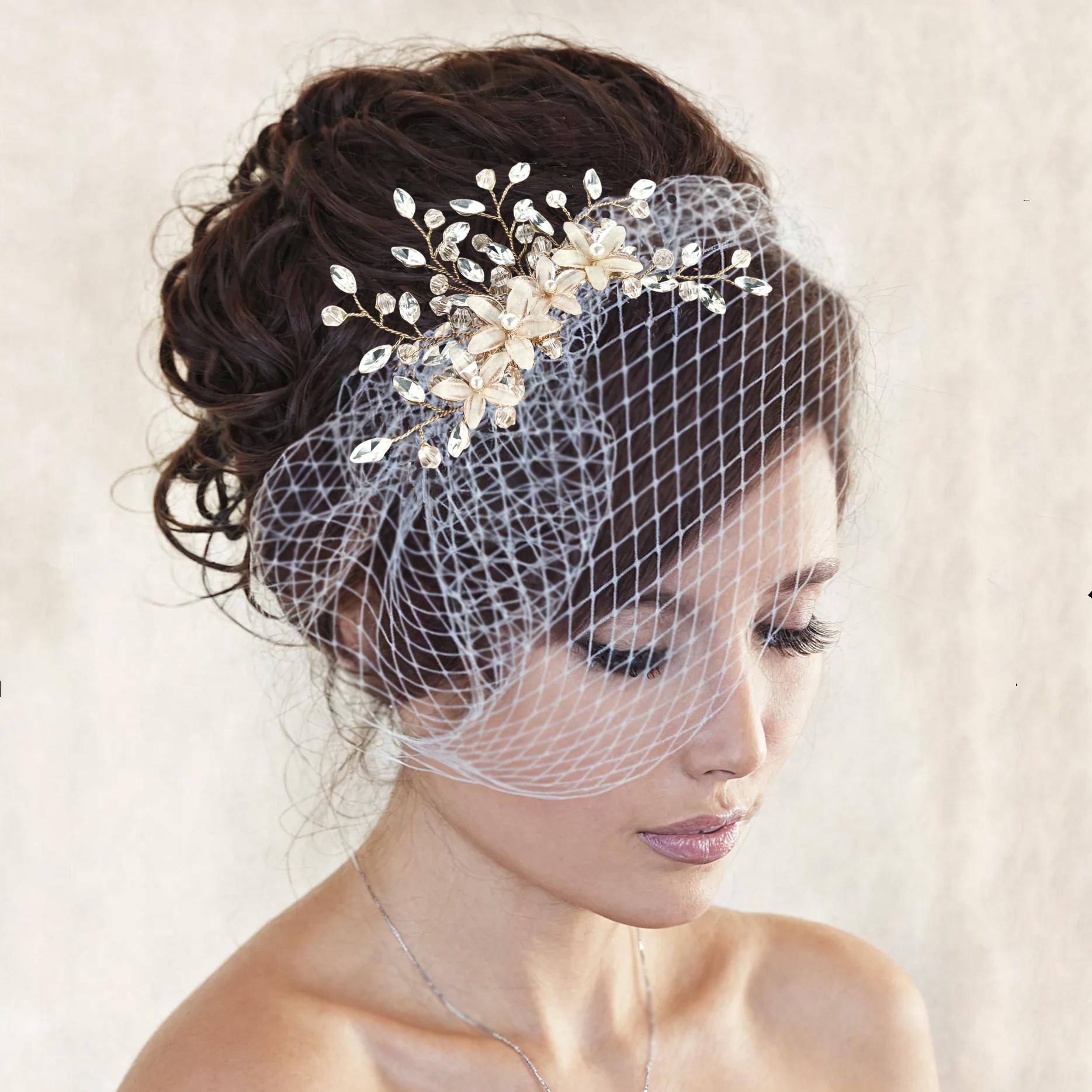 Bridal Birdcage Veil: French Netting, Crystal & Pearl Comb  display picture 1