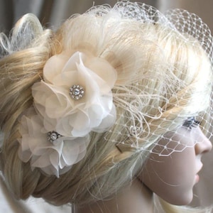 Ivory Silk organza flowers hair clip and birdcage veil ( 2 items) wedding reception bridal party. .