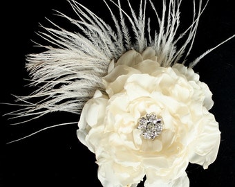 Wedding hair flower - Ivory Peony clip or comb with Ostrich Feather wedding headPiece Fascinator