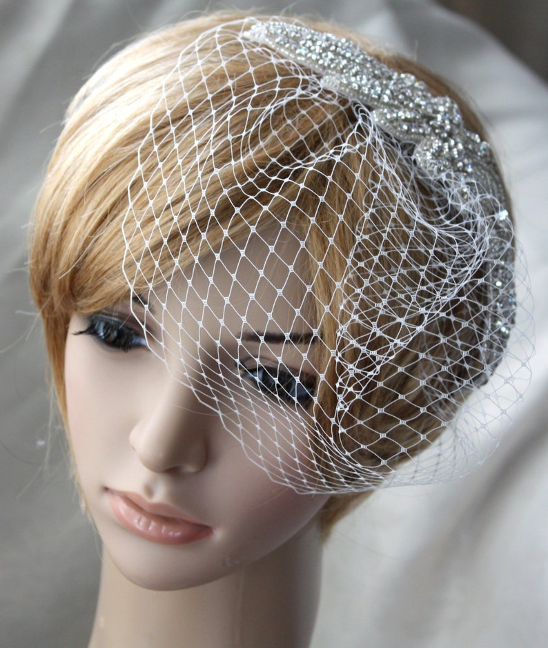 Bridal Birdcage Veil with detachable Crystal rhinestone applique 2 items 03 image 5