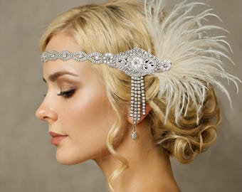 1920s Gatsby Inspired Rhinestone and Feather Bridal Headpiece - Vintage Flapper Wedding Hair Accessory