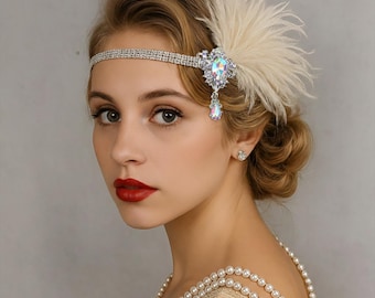 Coiffe de mariée en plumes et strass Art déco des années 1920 - Accessoire de coiffure de mariée vintage Flapper