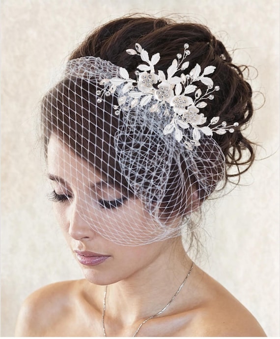 Floral Crystal Birdcage Veil: French Netting Bridal Veil 
