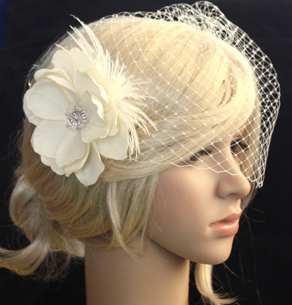 Ivory Birdcage Veil With Gardenia Flower Clip: Bridal French  display picture 3