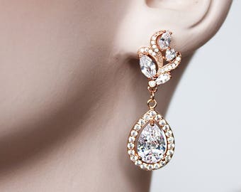 CZ Tear Drop Rose Gold Bridal Earrings, Wedding Cubic Zirconia, Bridal Jewelry, Rose Gold Crystal Wedding Earrings - Elizabeth Earrings.