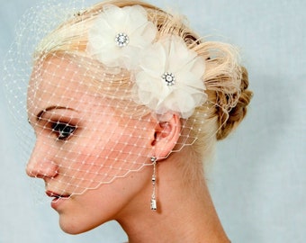 Ivory Silk organza flowers hair clip and birdcage veil vail ( 2 items) wedding reception bridal party