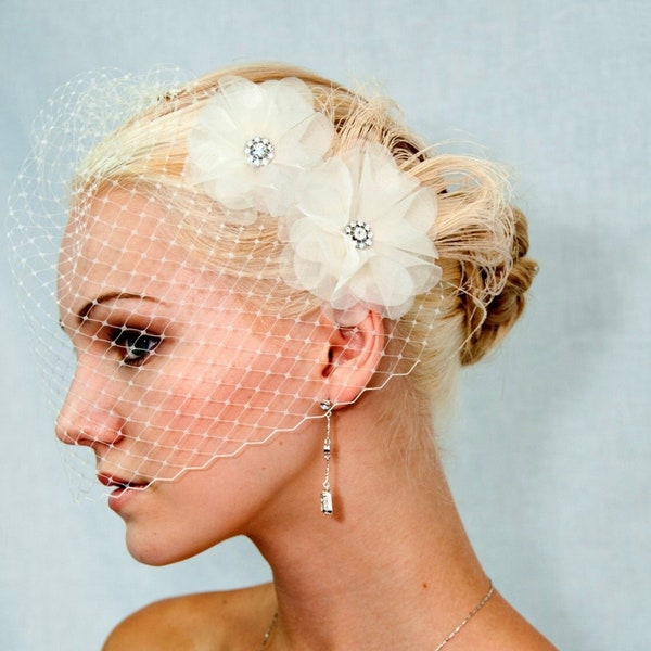 Ivory Silk organza flowers hair clip and birdcage veil vail ( 2 items) wedding reception bridal party