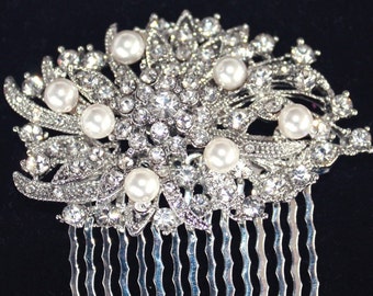 Rhinestone Hair comb,  Victorian bridal rhinestone hair comb  Swarovski Crystal Pearls - Elizabeth