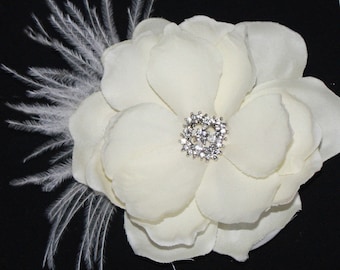 Bridal Hair flower - Ivory Gardenia clip wedding headPiece Fascinator - creme cream Rhinestone hair comb - Valentina