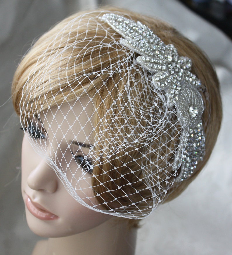 Bridal Birdcage Veil with detachable Crystal rhinestone applique 2 items 03 image 2