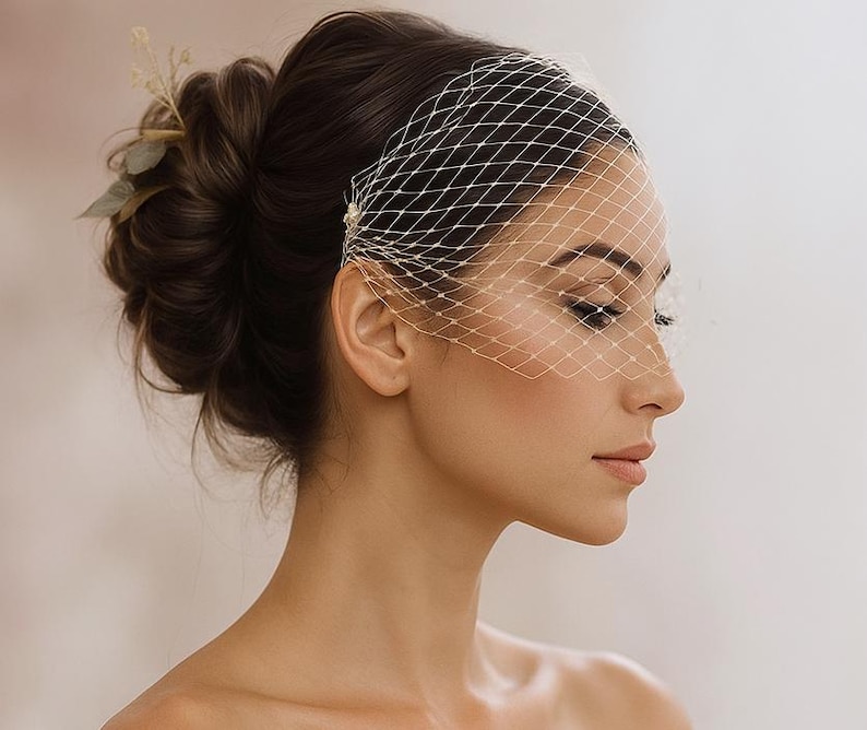 Pearl Bandeau Birdcage Veil: Vintage French Netting Bridal Veil None (plain veil)