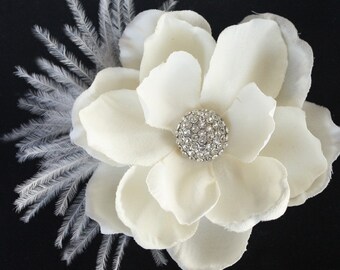 Hair flower feather clip or comb wedding headPiece Fascinator - ivory cream Rhinestone Gardenia - Ethel
