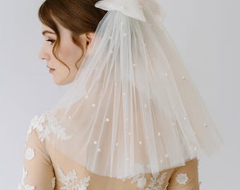 Pearl Bow Wedding Veil: Shoulder Length Soft Tulle Bridal Veil