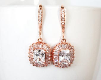 Rose Gold Square Drop Earrings, Crystal Wedding earrings Bridal Earrings, hook earrings - Stella.