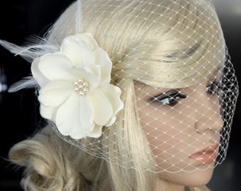 Bandeau Birdcage Veil and Fascinator,  bridal blusher with Feather Flower (2 items) Wedding Reception