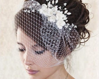 Floral Rhinestone Birdcage Veil: French Netting Bridal Headpiece