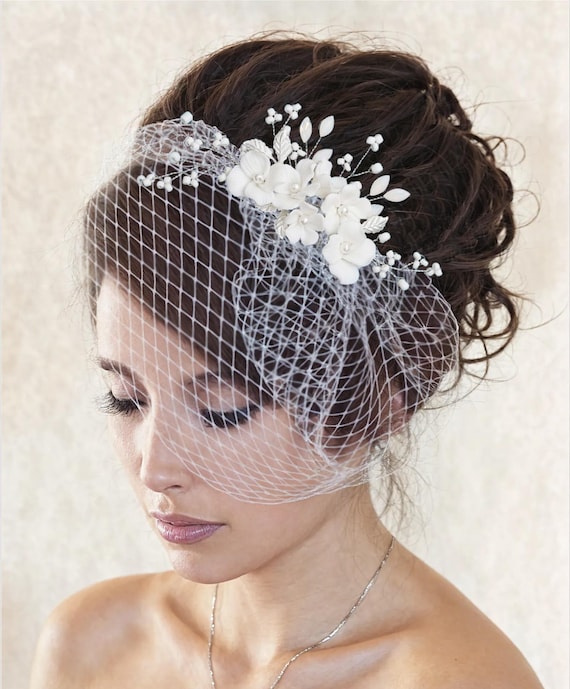 Birdcage Veil: French Netting, Porcelain Floral Comb, Bridal  display picture 2