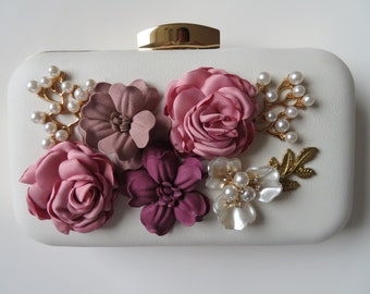 Floral Bridal Clutch - purse w/ flowers. Wedding clutch. Hard Box clutch. ready to ship.