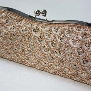 Bridal Clutch, hand beaded champagne satin with beads and rhinestone brooch. Holiday clutch. Ready to ship. Valentine's day gift for her. image 1