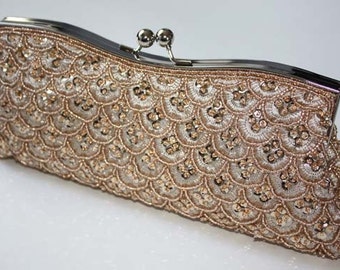 Bridal Clutch, hand beaded champagne satin with beads and rhinestone brooch. Holiday clutch. Ready to ship. Valentine's day gift for her.