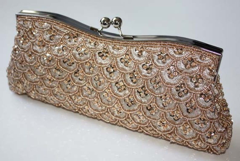 Bridal Clutch, hand beaded champagne satin with beads and rhinestone brooch. Holiday clutch. Ready to ship. Valentine's day gift for her. image 1