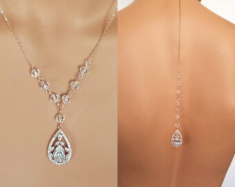 Rose gold crystal Wedding Necklace, backdrop crystal necklace set,  Swarovski element Jewelry .Silver. gold - Leah